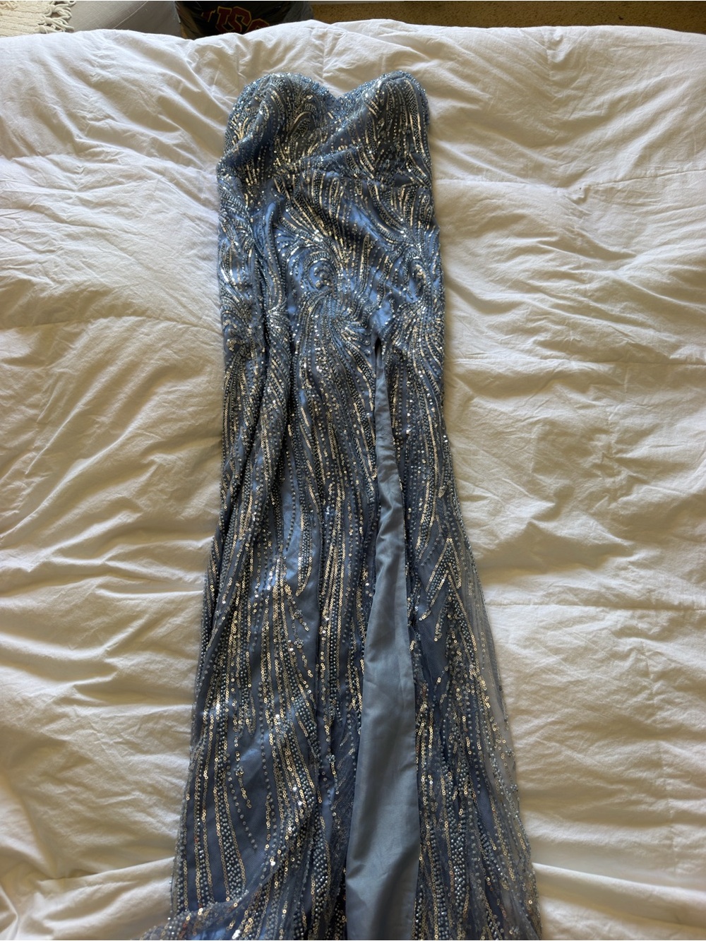 Prom girl Strapless Silver-Beaded Light Blue Gown